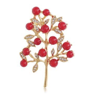 Gold Tone Berry Tree Brooch Rhinestone Leaf Accent Pin