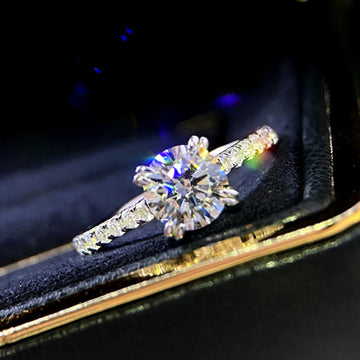 Silver Tone Round Solitaire Ring With Pavé Band Polished Jewelry