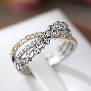 Two-Tone Cross Band Bezel CZ Multi-Row Finger Ring