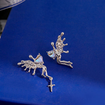Silver Angel Blue Heart Cross Long Dangle Stud Earrings
