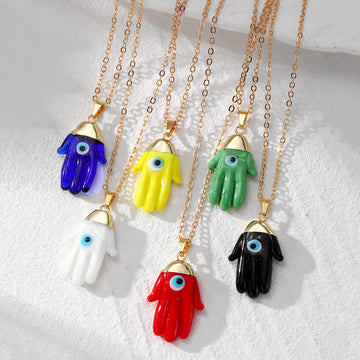 Colorful Hamsa Hand Evil Eye Pendant Necklaces in Gold Tone