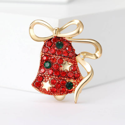 Red Enamel Christmas Bell Brooch with Bow displayed from the front
