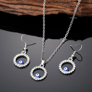 Silver Tone Crystal Evil Eye Hook Earrings and Pendant Necklace