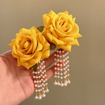 Yellow Rose Pearl Loop Drop Earrings Decorative Jewelry