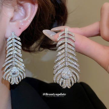 Silver Crystal Feather Drop Earrings Decorative Jewelry Design