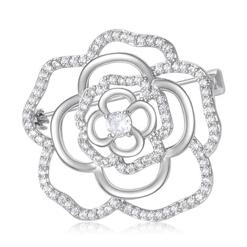 Gold Silver Clear Rhinestone Openwork Camellia Brooch Pins