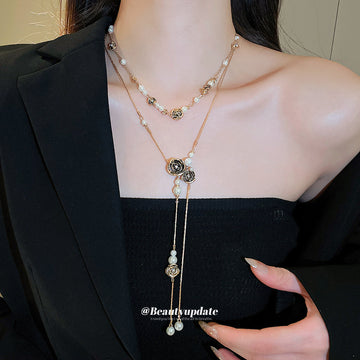 Gold Tone Layered Black Flower Pearl Drop Necklace