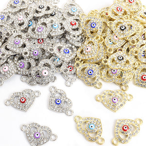 Heart Evil-Eye Connector Charm with Enamel Center, Alloy, 1 g