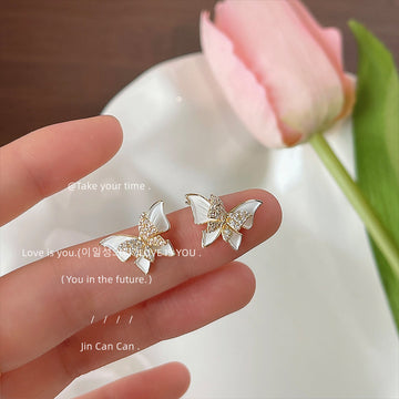 White Enamel Butterfly Stud Earrings Gold Pavé Body