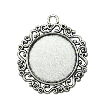 Scroll Border Round Cabochon Pendant Settings in Two Finishes