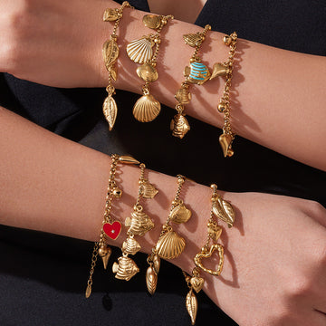 Gold Ocean Charm Bracelets Shells Fish Leaves Hearts Bells