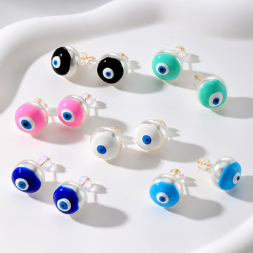 Pearl Effect Round Evil Eye Stud Earrings in Six Colors