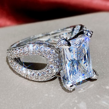 Square Crystal Split Shank Statement Ring in Silver Tone