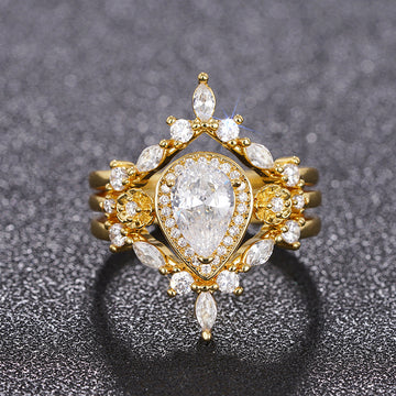 Gold Tone Teardrop Halo Three Band Statement Ring Set