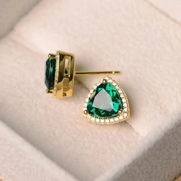 Gold Tone Green Triangle Halo Stud Earrings Polished Statement Fashion Jewelry