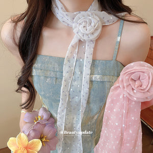 Sheer Rose Flower Scarf Ties White Floral Pink Polka Two