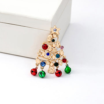 Gold Christmas Tree Brooch Multicolor Crystal Dangle Bells