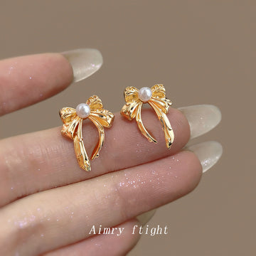 Gold Ribbon Bow Stud Earrings White Pearl Center Pair