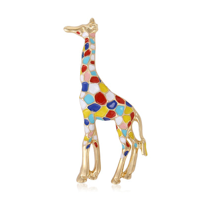 Front view of the colorful enamel giraffe brooch with gold tone legs on a white background