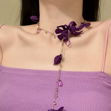 Flower Drop Necklace with Petal Charms in Four Colors