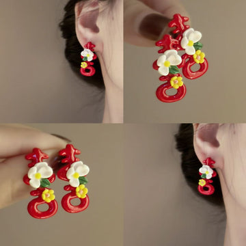 Red Double Happiness Floral Stud Earrings Statement Pair