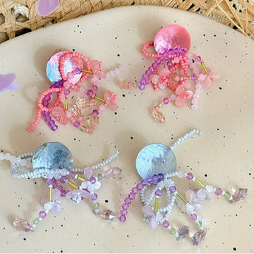 Pastel Disc Beaded Cluster Drop Earrings Statement Jewelry
