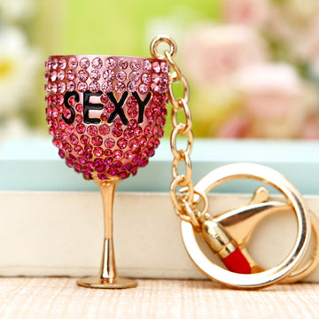 Crystal Wine Glass Keychains in Fuchsia and Champagne Gold Finishes