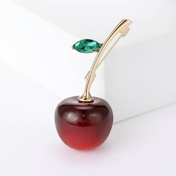 Red Cherry Brooch Gold Tone Stem Green Crystal Leaf
