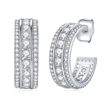 Silver Tone Triple Row Crystal Half Hoop Earrings