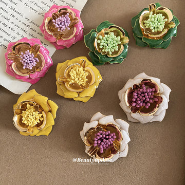 Layered Pink and Gold Flower Statement Stud Earrings