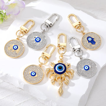 Gold and Silver Tone Crystal Evil Eye Clip Keychains in Six Designs