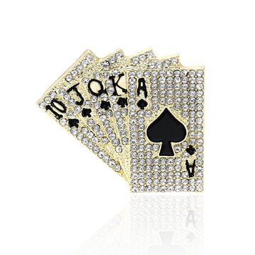 Crystal Playing Card Fan Brooch in Gold or Silver Tone