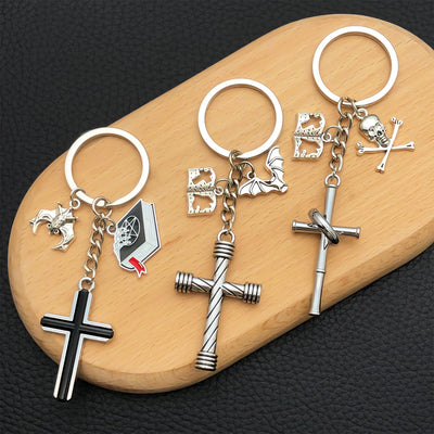 Main display of three cross bat and skull keychain designs