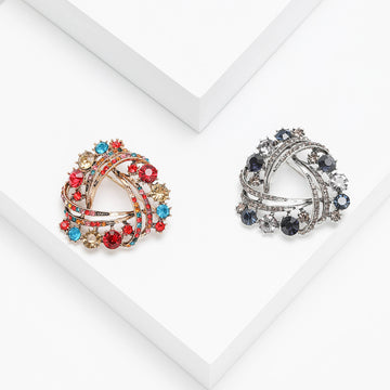 Swirl Wreath Brooch with Multicolor Crystal Clusters
