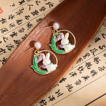Rabbit Flower Pearl Look Round Dangle Stud Earrings
