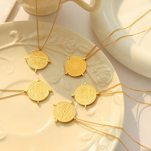 Gold Steel Engraved Geometric Cross Disc Pendant Necklace