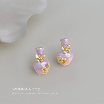 Purple Pink Vase And Gold Tone Butterfly Stud Earrings