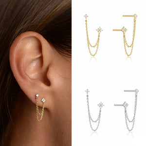 Double-Chain Floral Stud Earrings In Five Color Variants