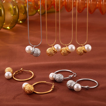 Gold Steel Hammered Ball Pearl Necklace Hoop Earring Set