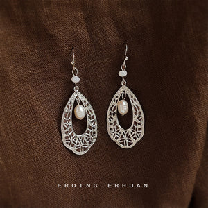 Silver Tone Openwork Teardrop Flower And White Pearl Hook Earrings