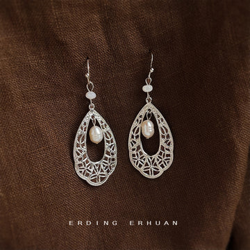 Silver Tone Openwork Teardrop Flower And White Pearl Hook Earrings