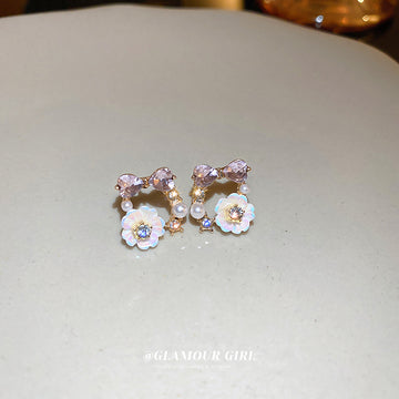 Purple Crystal Flower and Pearl Stud Earrings Fashion Jewelry