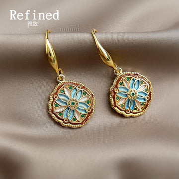 Gold Tone Aqua Red Round Floral Medallion Hook Earrings