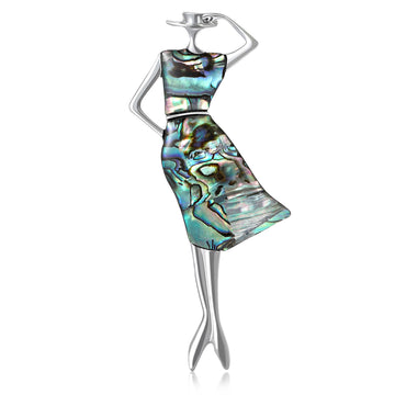 Silver Tone Abalone Shell Lady Figure Brooch Hat Pose