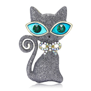 Glitter Alloy Cat Brooch in Red or Gray With a Rhinestone Bow