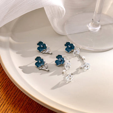 Blue Flower Bird and Crystal Look Chain Long Stud Earrings