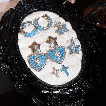 Blue Heart Star And Cross Mix Stud Earrings Statement Jewelry Pair