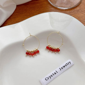 Red Bead Fringe Gold Tone Large Classic Hoop Earrings