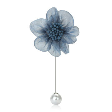 Mesh Fabric Flower Stick Pin Brooch Pearl End Three Colors
