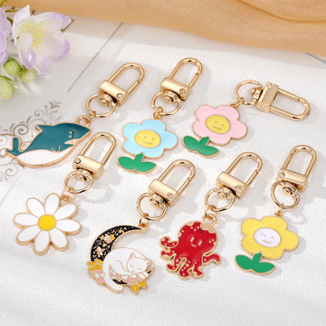 Gold Tone Colorful Whale Octopus Cat and Flower Clip Keychains